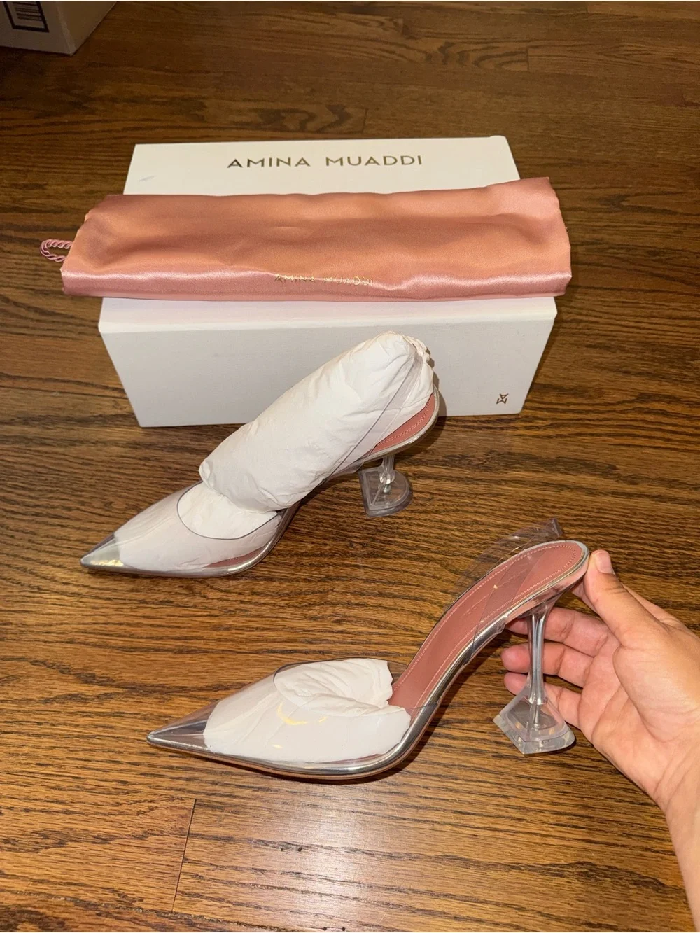 Size 40 Amina Muaddi Holli Glass Sling 95 Transparent PVC Heels